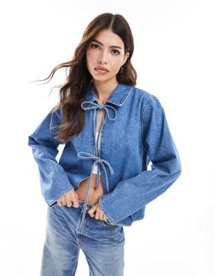 Asos Design Denim Long Sleeve Tie Front With Collar In Mid Blue
