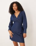 [ASOS DESIGN] ASOS DESIGN denim long sleeve wrap mini dress with pleat cuff detail in rinse-Blue 10 Rinse