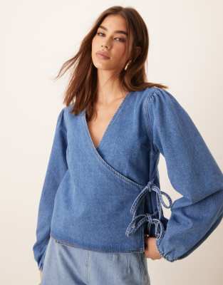 Asos Design Denim Long Sleeve Wrap Top In Mid Blue
