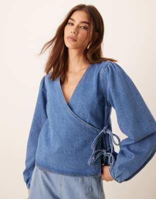 denim long sleeve wrap top in mid blue