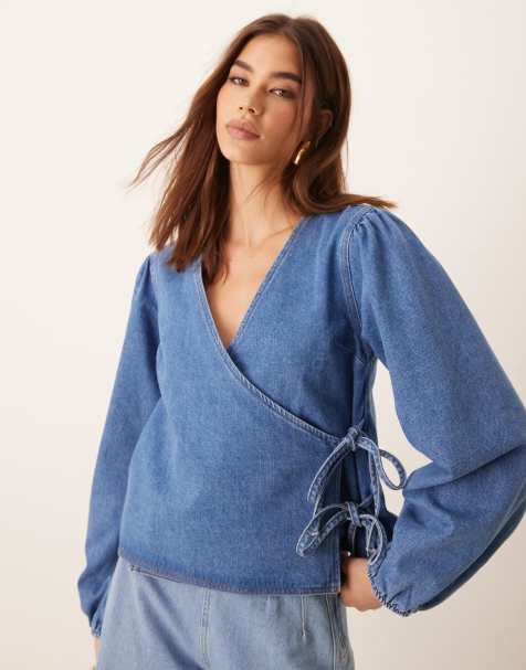 ASOS DESIGN denim long sleeve wrap top in mid blue - view 1