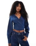 [ASOS DESIGN] ASOS DESIGN denim long sleeve wrap top with pleat cuff detail in rinse-Blue 12 Rinse