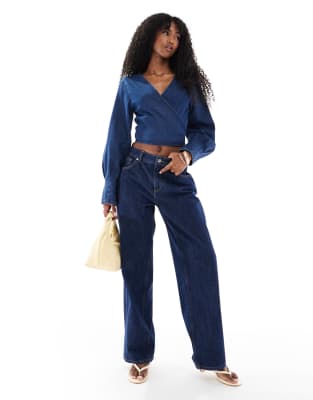 Asos Design Denim Long Sleeve Wrap Top With Pleat Cuff Detail In Blue