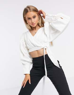 white long sleeve wrap top