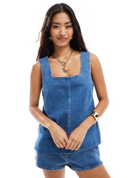 ASOS DESIGN denim long tank top in mid blue - view 1