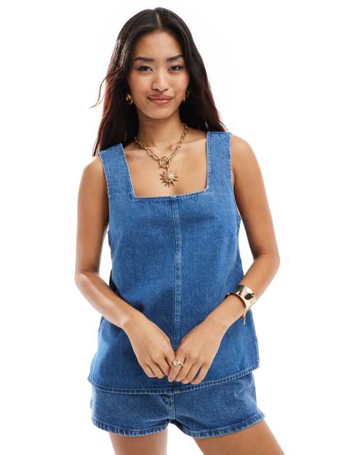 ASOS DESIGN denim long tank top in mid blue