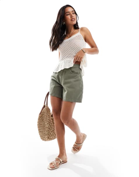 ASOS DESIGN denim longer A line short in khaki - view 1