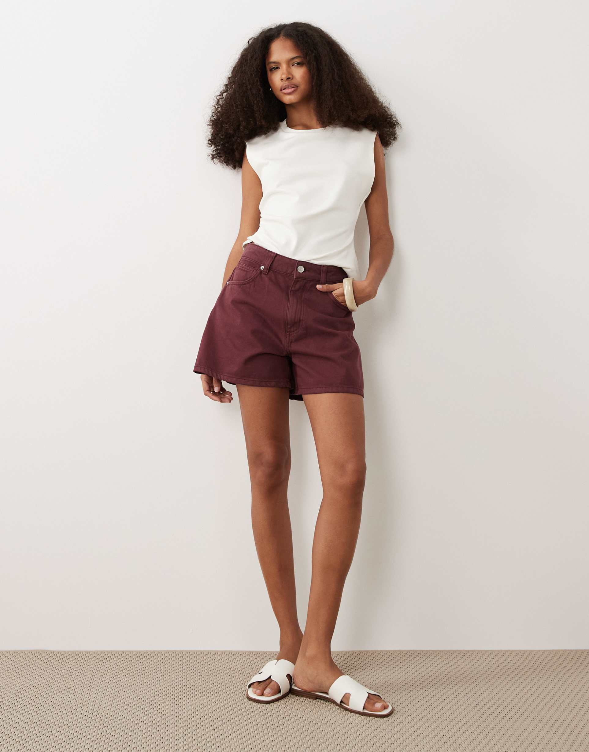 asos design denim longer a-line shorts in burgundy