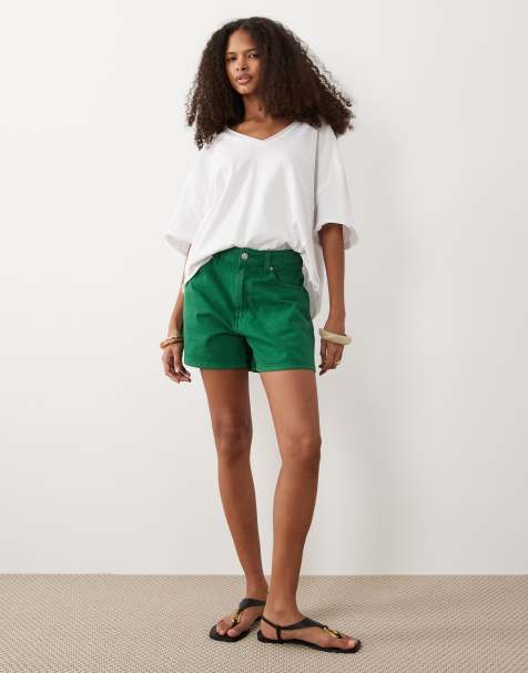 ASOS DESIGN denim longer a-line shorts in green - view 1