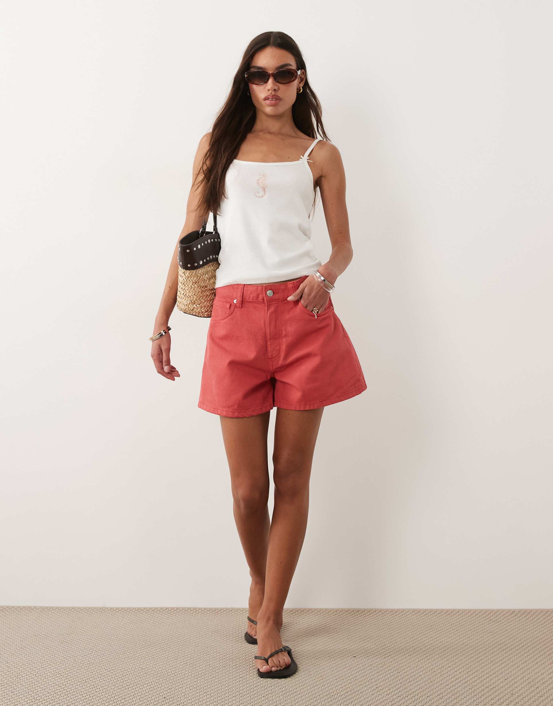 asos design denim longer a line shorts in red