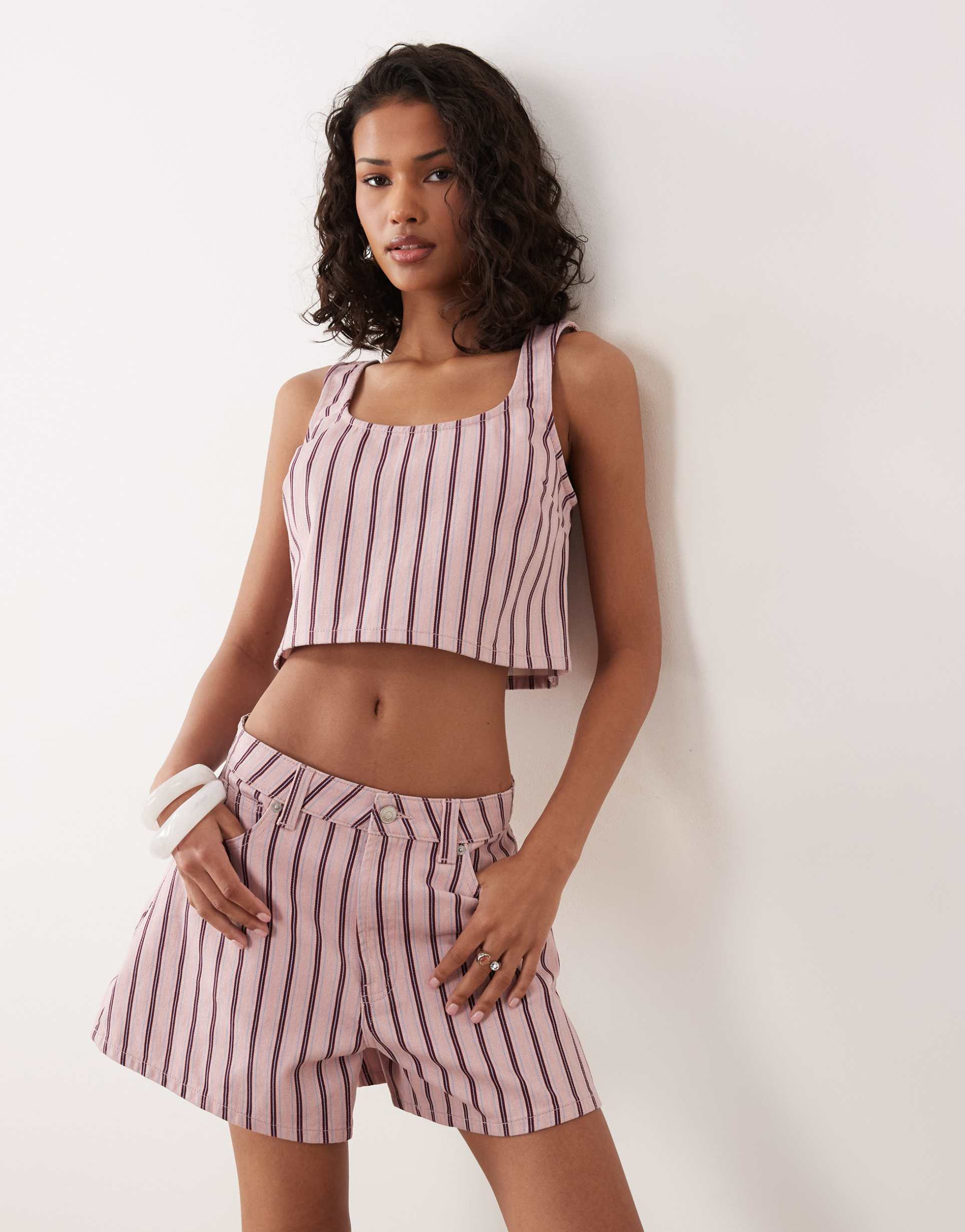 asos design denim longer a line shorts in stripe - part of a set