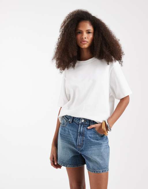 ASOS DESIGN denim longer a-line shorts in vintage blue, 2 of 5