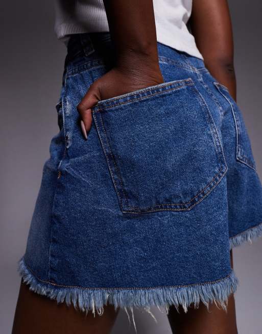 ASOS DESIGN denim longline A line short in dark midwash with rip hem, 2 of 5