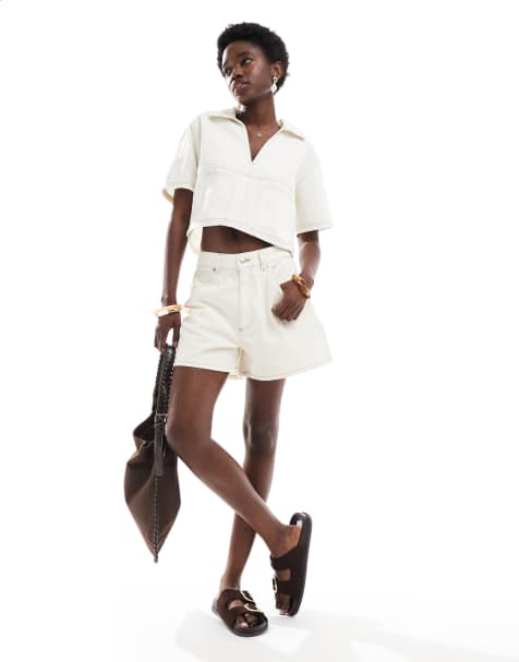 ASOS DESIGN denim longline A line short in ecru - view 1