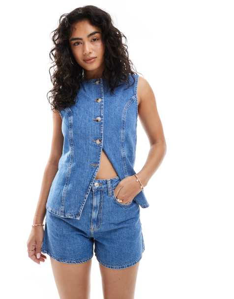 ASOS DESIGN denim longline A line short in mid blue co-ord