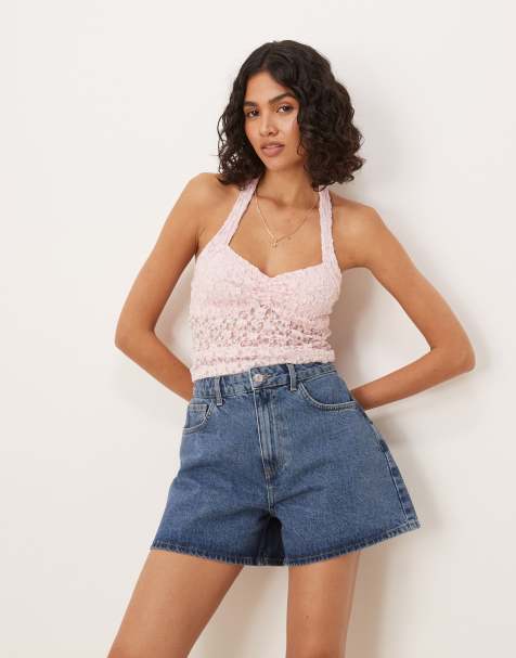 ASOS DESIGN denim longline A line short in mid blue - view 1