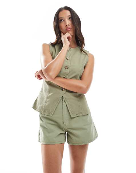 ASOS DESIGN denim longline A line short in sage - view 1