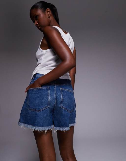 ASOS DESIGN denim longline a-line shorts in dark midwash with rip hem, 4 of 5