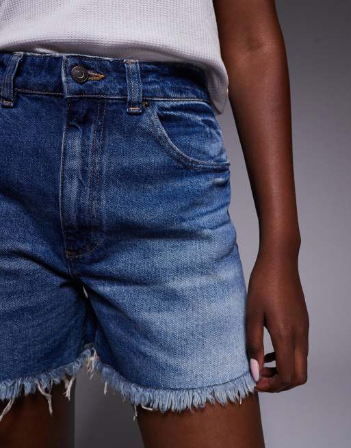 ASOS DESIGN denim longline a-line shorts in dark midwash with rip hem, 5 of 5