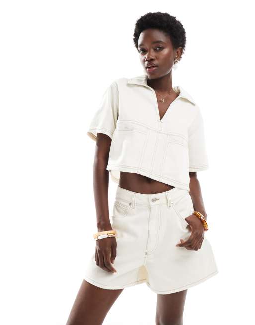 ASOS DESIGN denim longline a line shorts in ecru