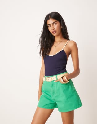 Asos Design Denim Longline A Line Shorts In Green