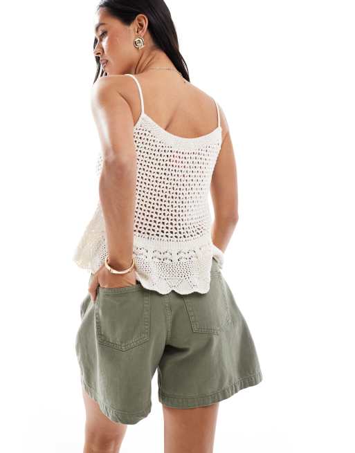 ASOS DESIGN denim longline A-line shorts in khaki