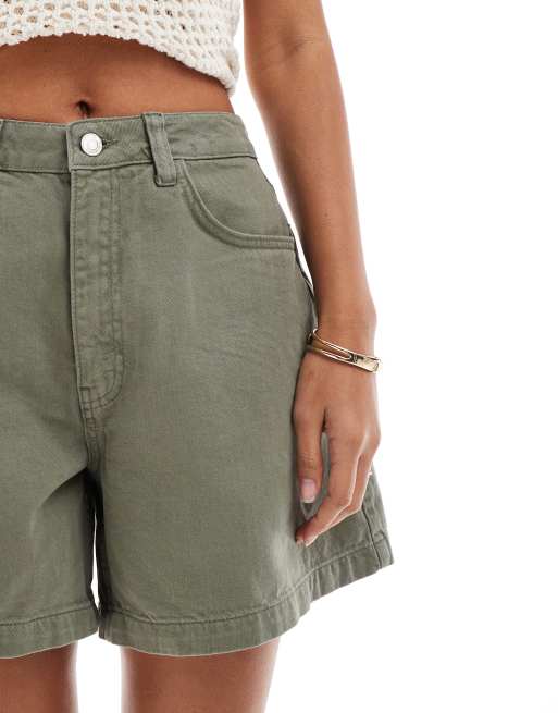 ASOS DESIGN denim longline A-line shorts in khaki