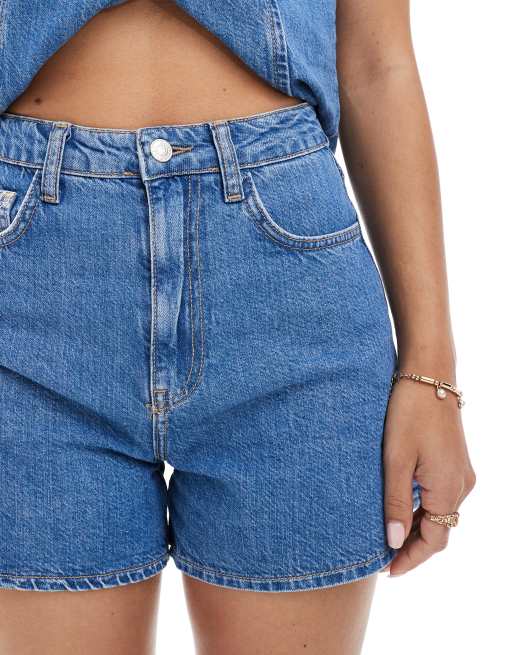 ASOS DESIGN denim longline a line shorts in mid blue - part of a set