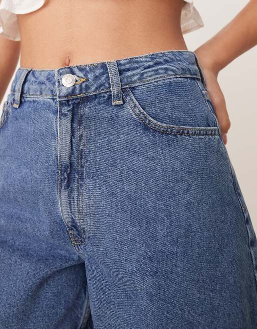 ASOS DESIGN denim longline A line shorts in mid blue