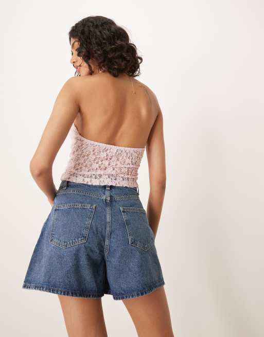 ASOS DESIGN denim longline A line short in mid blue