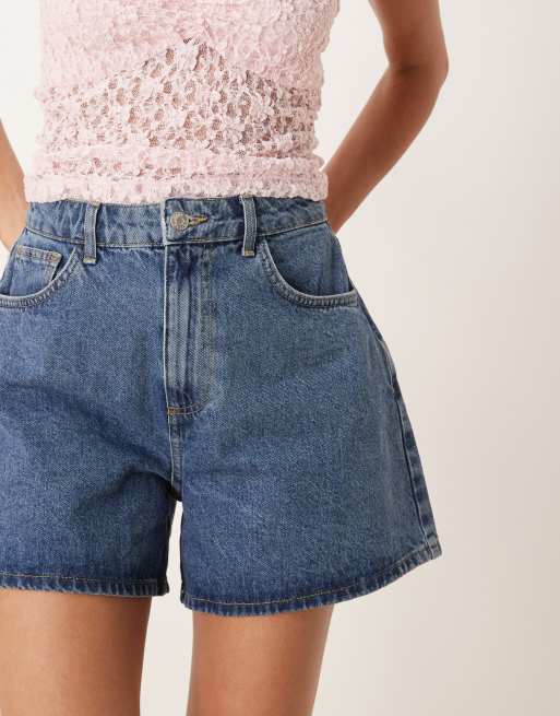 ASOS DESIGN denim longline A line short in mid blue