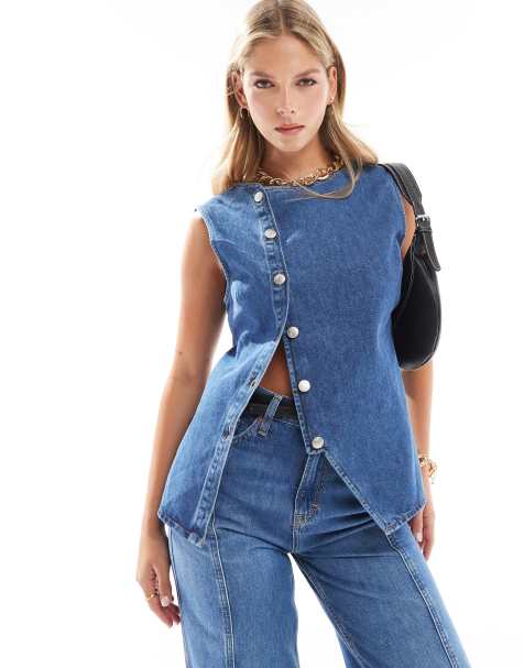 ASOS DESIGN denim longline asymmetric waistcoat in mid blue - view 1