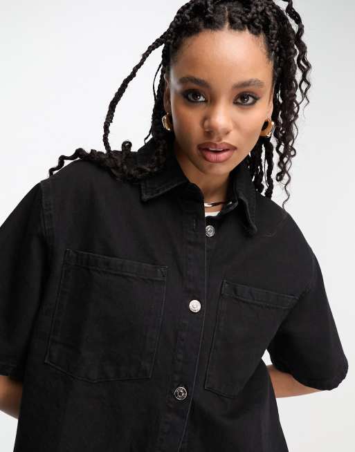 ASOS DESIGN denim longline shirt in washed black | ASOS