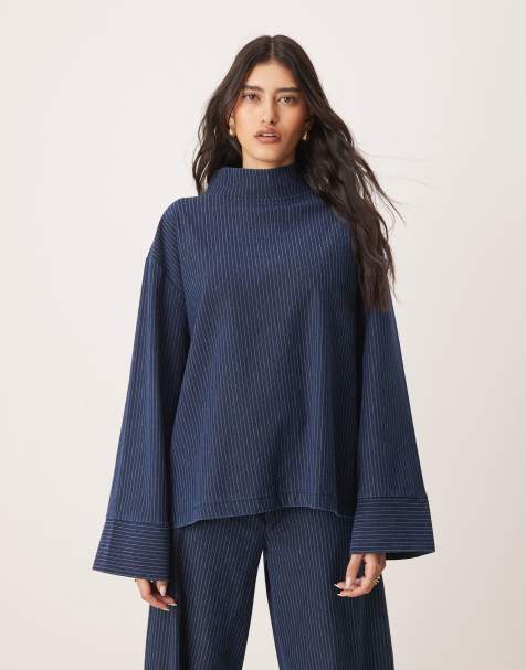 ASOS DESIGN denim look funnel neck long sleeve top - view 1