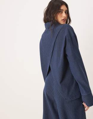 Asos Design Denim Look Funnel Neck Long Sleeve Top-navy In Navy