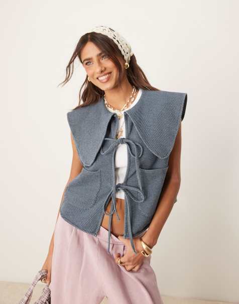 ASOS DESIGN denim look peter pan collar vest with tie front - view 1