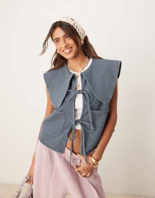 ASOS DESIGN ASOS DESIGN denim look peter pan collar waistcoat with tie front-Blue
