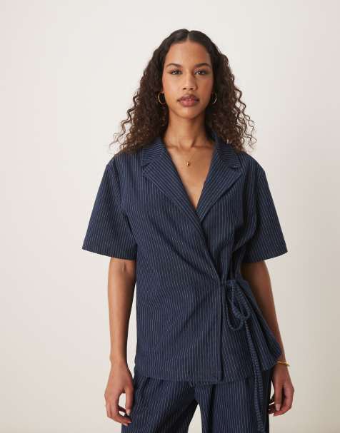 ASOS DESIGN denim look tie front revere shirt in pinstripe