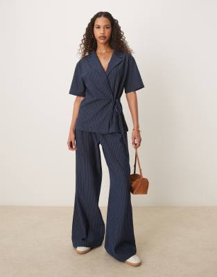 Asos Design Denim-look Tie Front Revere Shirt In Navy
