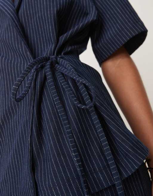 ASOS DESIGN denim look tie front revere shirt in pinstripe