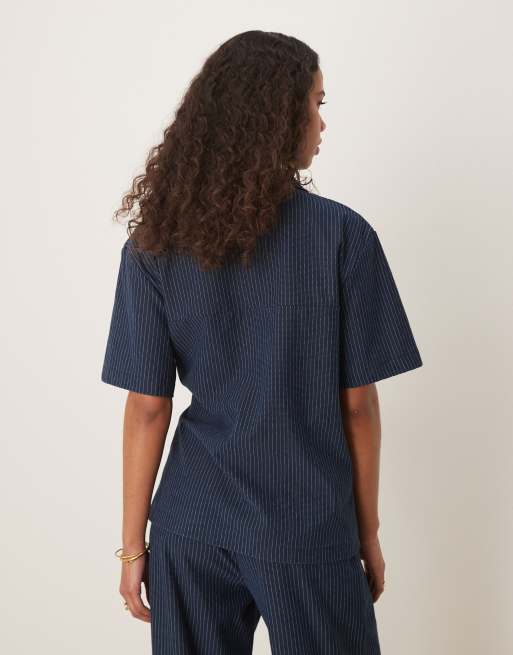ASOS DESIGN denim look tie front revere shirt in pinstripe