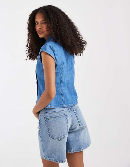 ASOS DESIGN denim mandarin collar top in mid blue, 2 of 4