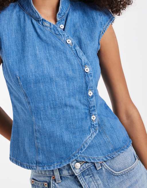 ASOS DESIGN denim mandarin collar top in mid blue, 4 of 4
