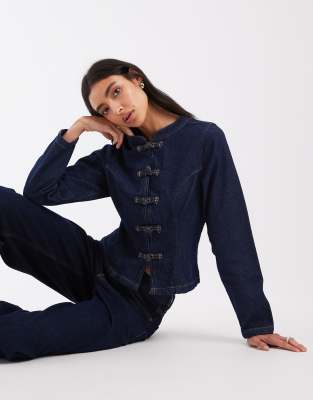 Asos Design Denim Mandarin Jacket In Blue