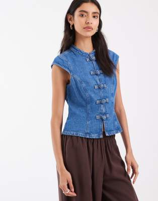 Asos Design Denim Mandarin Top In Blue