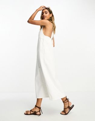 Asos Design Denim Maxi Dress With Cross Strap Back In White