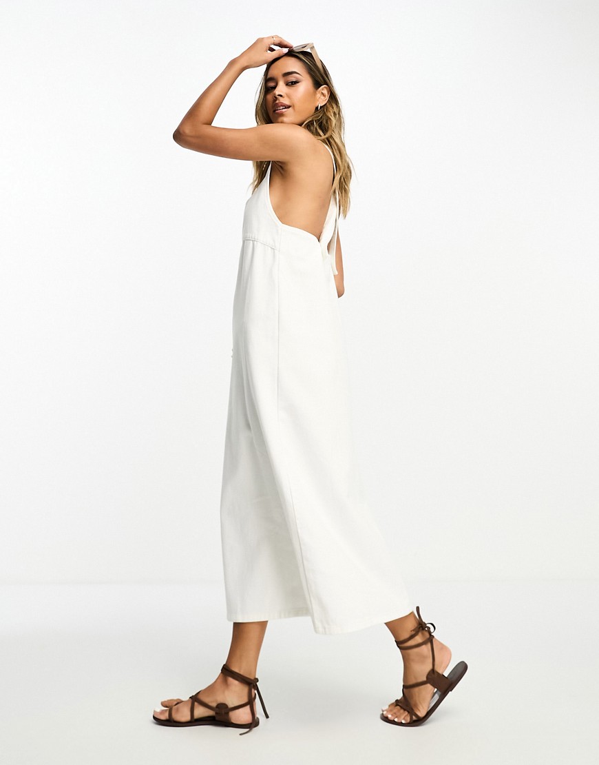 Asos Design Denim Maxi Dress With Cross Strap Back In White