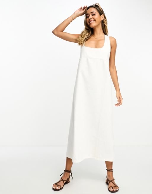 ASOS DESIGN denim maxi dress with cross strap back in white