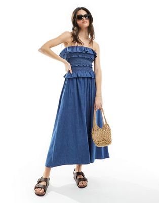 Asos Design Denim Maxi Dress With Frill Detail In Mid Blue