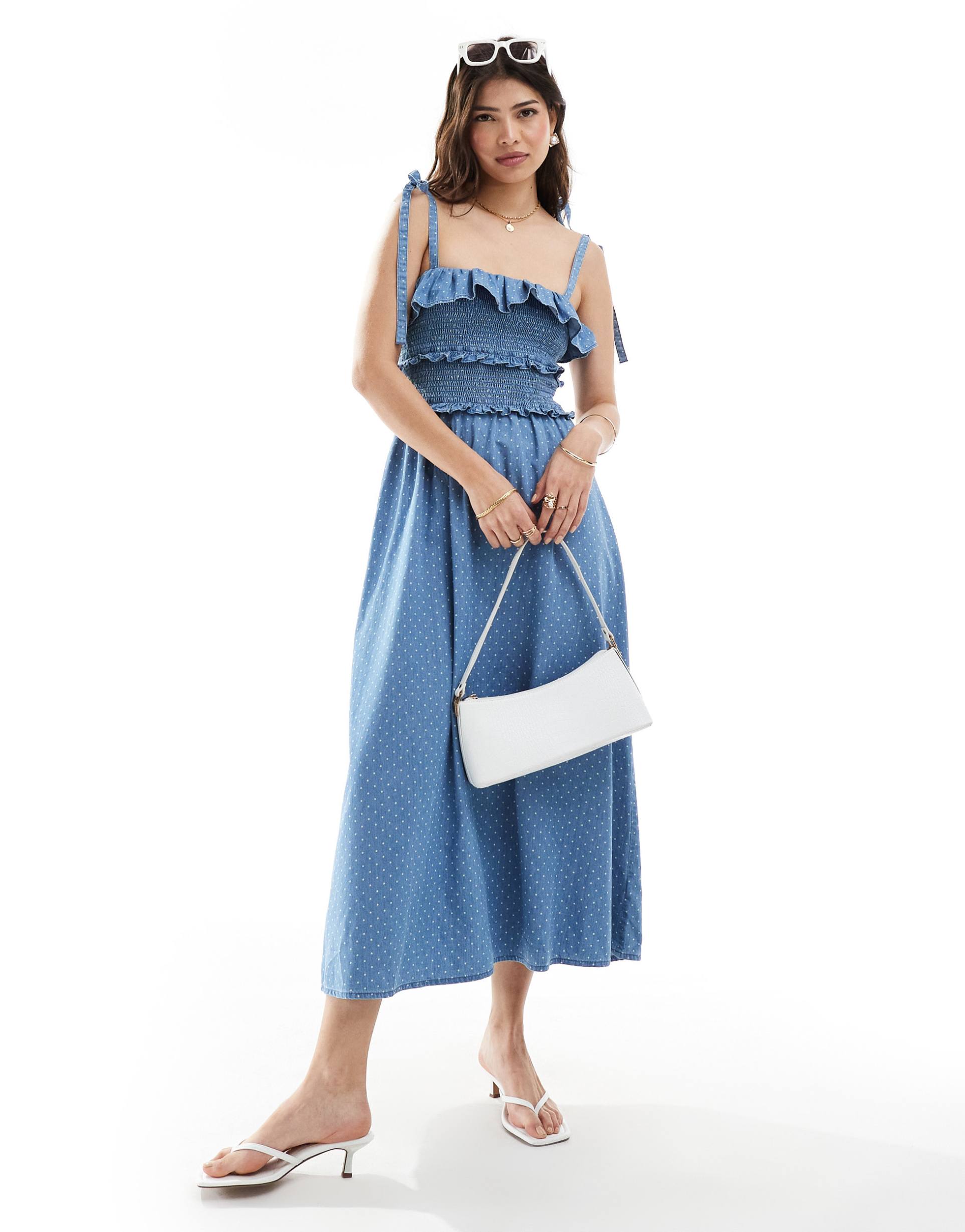 asos design denim maxi dress with frill detail in polka dot print